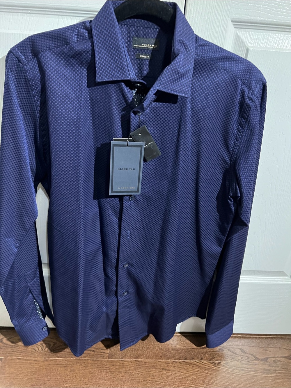 Zara Men's Navy Micro-Pattern Dress Shirt
